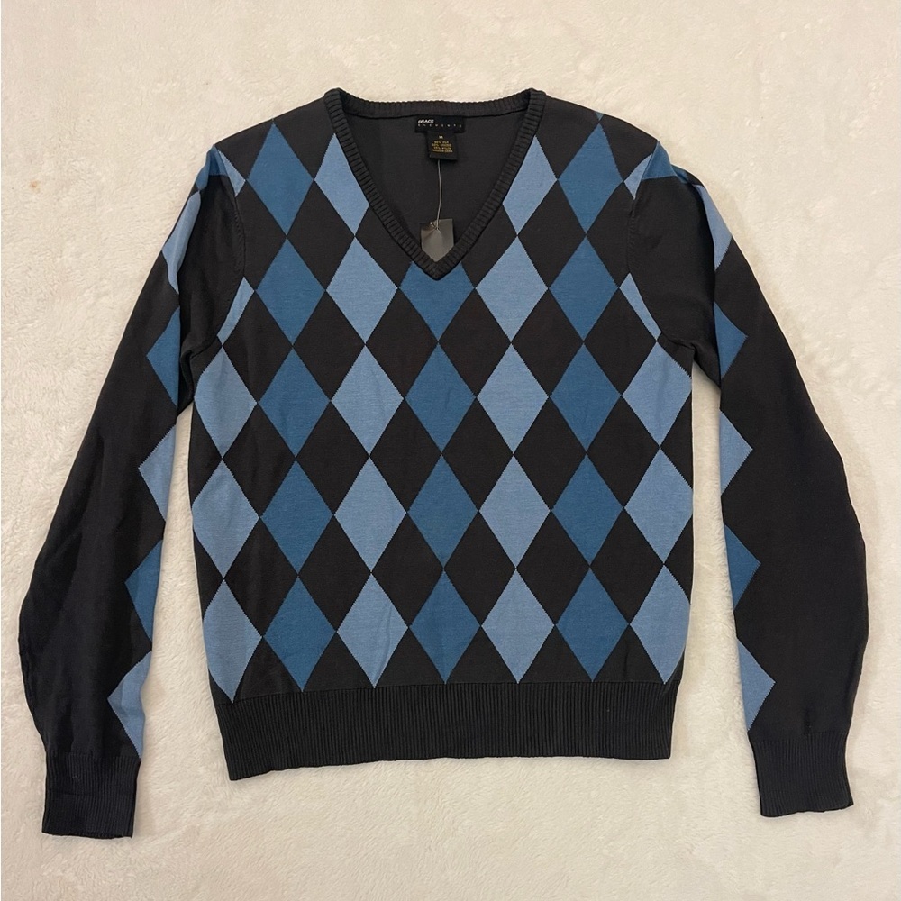 Argyle V-Neck Long sleeve Silk Pullover Sweater - NWT - Size Medium